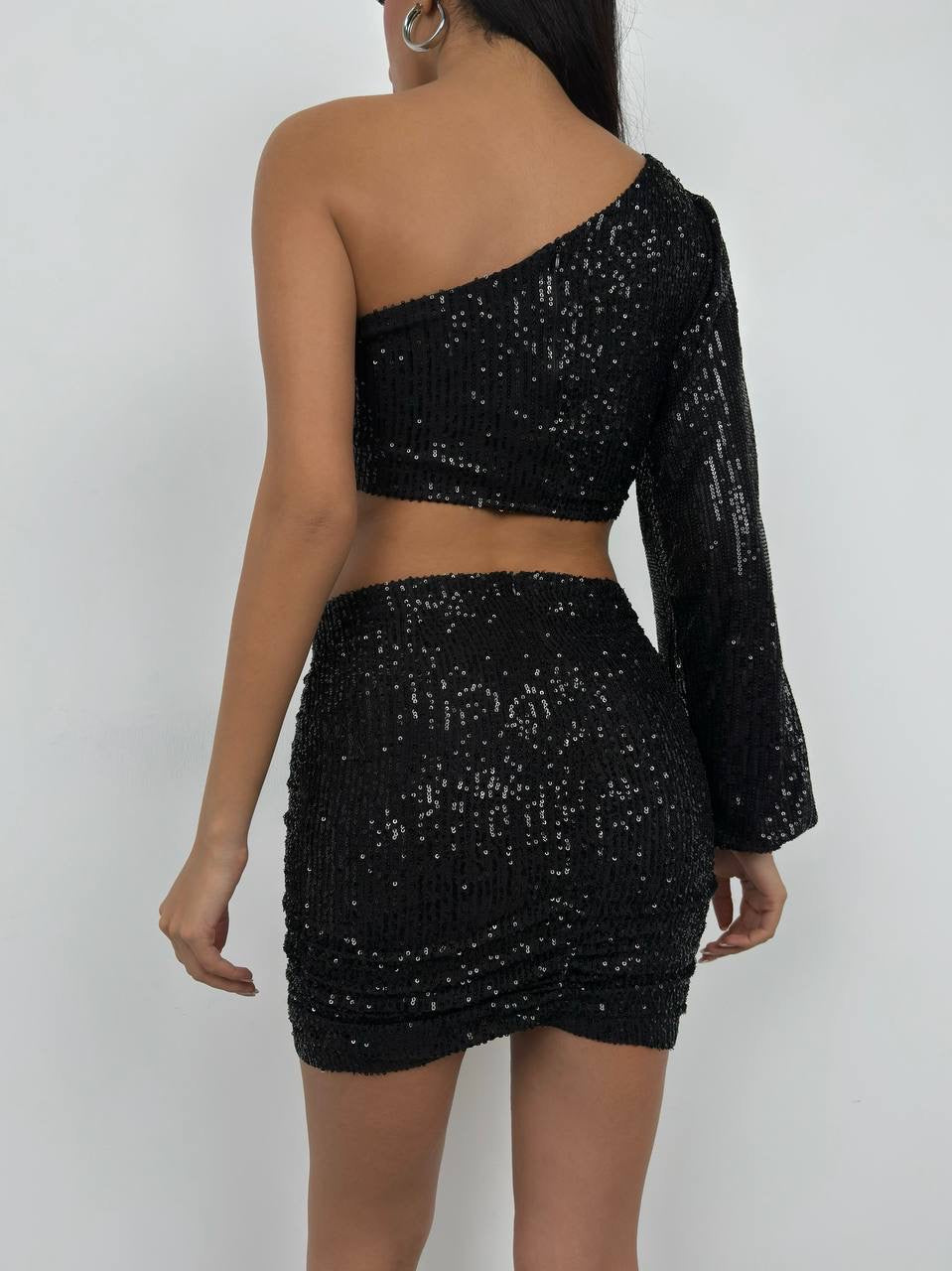 Black Sequin Two-Piece with One Sleeve