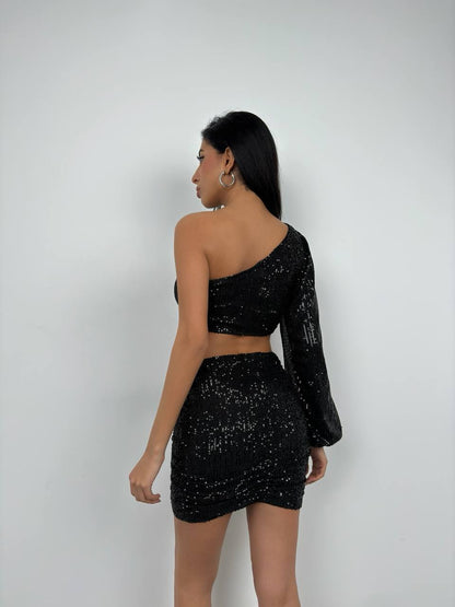 Black Sequin Two-Piece with One Sleeve