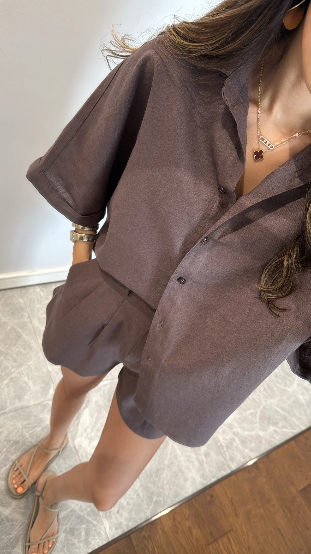 Linen Co Ord Set - Brown - Close Up 2