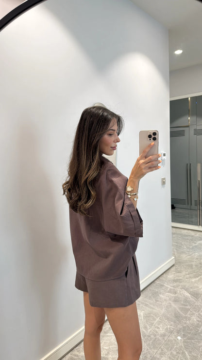 Linen Co Ord Set in Brown - back view