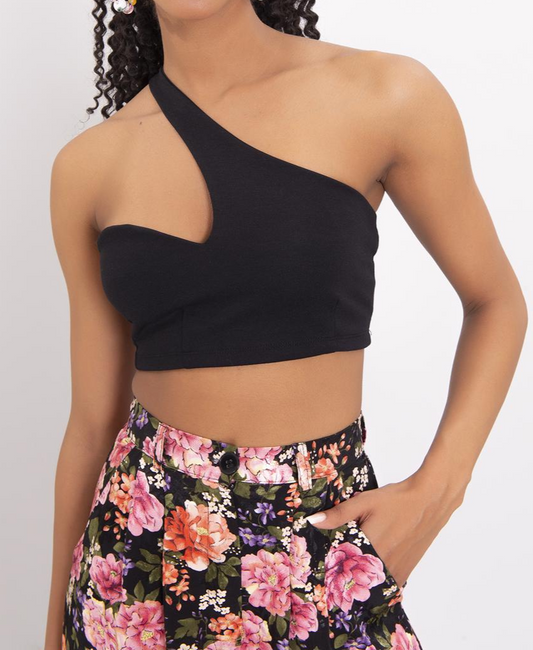 Asymmetric One-Shoulder Black Crop Top